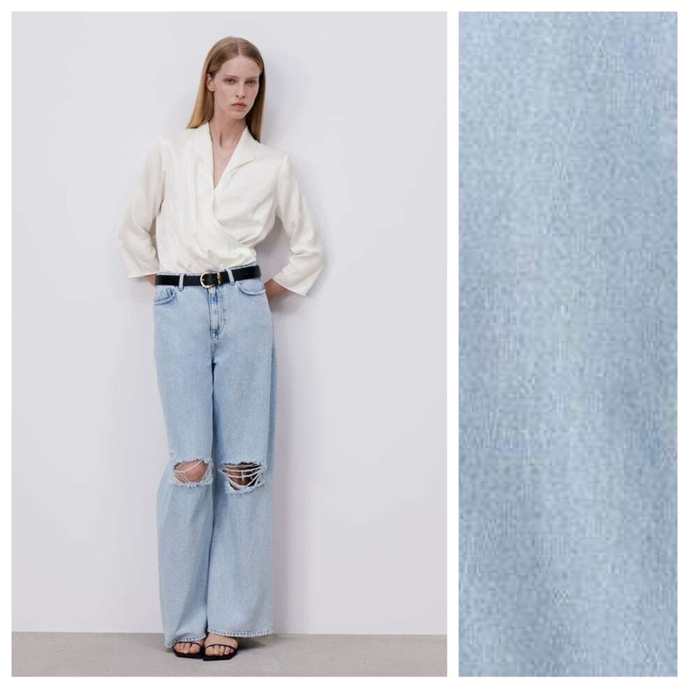 NWT. Zara Blue Wide Leg Full Length Ripped Jeans. Size 8.